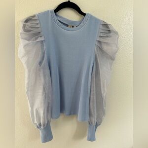 Sheer puff sleeve baby blue blouse.